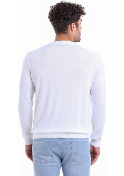 Erkek Ekru Regular Fit %100 Pamuk Bisiklet Yaka Triko Kazak