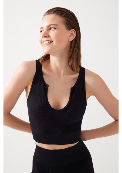 Los Ojos Kadın Siyah Askılı Fitilli Crop Top Büstiyer Scoop