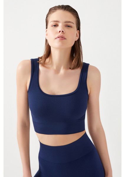 Los Ojos Kadın Lacivert Askılı Fitilli Kare Yaka Crop Top Büstiyer Square