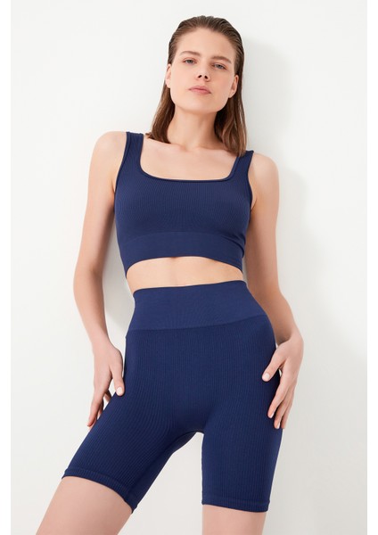 Los Ojos Kadın Lacivert Askılı Fitilli Kare Yaka Crop Top Büstiyer Square