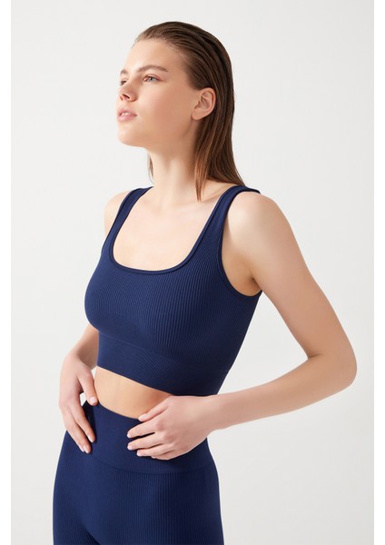 Los Ojos Kadın Lacivert Askılı Fitilli Kare Yaka Crop Top Büstiyer Square