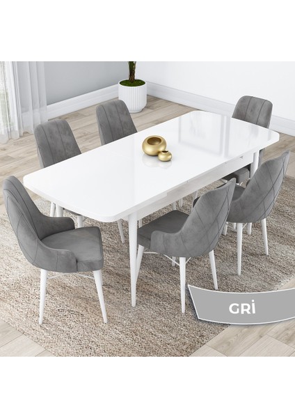 Concept Kar Serisi 80 x 132 cm Açılabilir Mdf Mutfak Masa Takımı Beyaz Masa 6 Sandalye