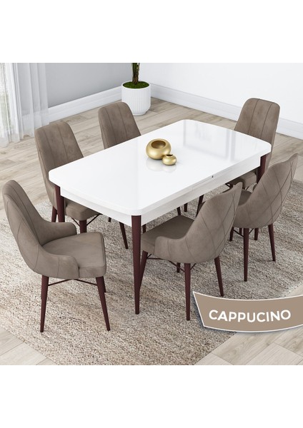 Concept Kar Serisi 80 x 132 cm Açılabilir Mdf Mutfak Masa Takımı Beyaz Masa Ceviz Masa 6 Sandalye
