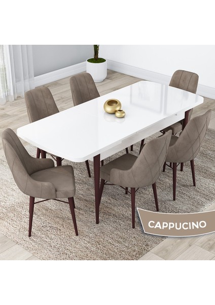 Concept Kar Serisi 80 x 132 cm Açılabilir Mdf Mutfak Masa Takımı Beyaz Masa Ceviz Masa 6 Sandalye