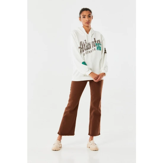 FullaModa Atlanta Baskılı Kapüşonlu Oversize Sweatshirt