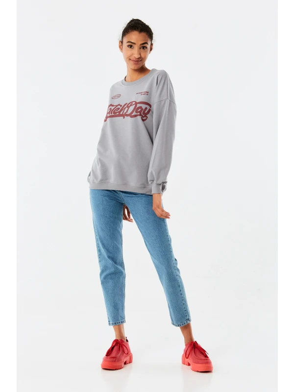 FullaModa Match Day Baskılı Bisiklet Yaka Oversize Sweatshirt