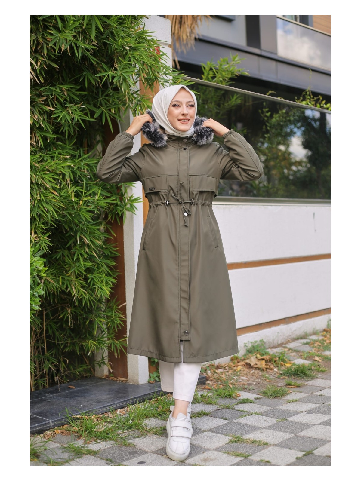 Vibeys Collection Haki Içi Kürklü ve Su Geçirmez Kadın Kışlık Mont & Kaban