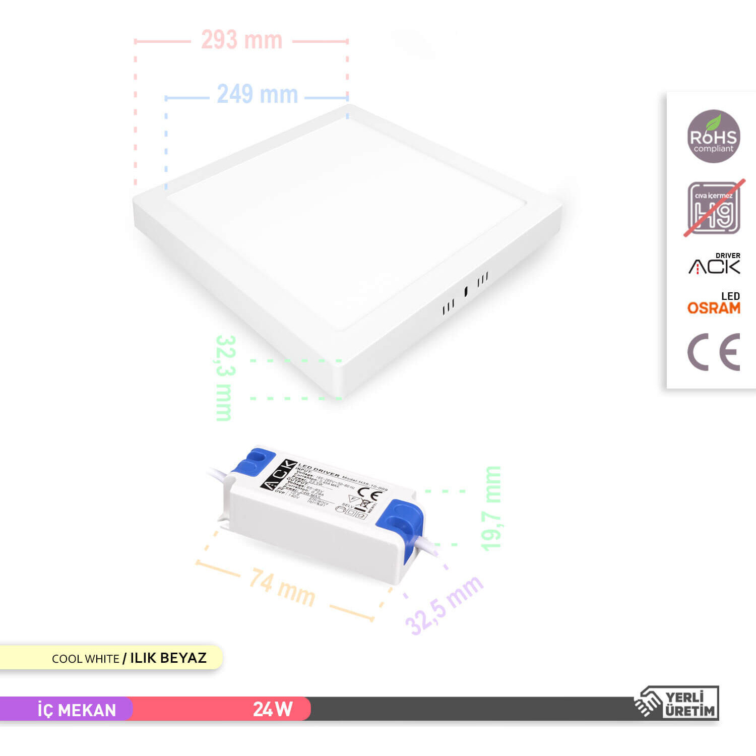 Ack 24W Sıva Üstü Kare Led Panel Armatür - 6500K Beyaz Işık