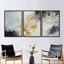 Kayra Export 3 Parçalı Siyah Çerçeveli Kanvas Tablo, Gri ve Altın Alçı, Alçı Kanvas Baskı,