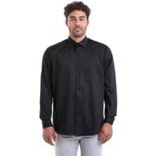 Hatemoğlu Erkek Siyah Comfort Fit %100 Pamuk Uzun Kollu Saten Gömlek