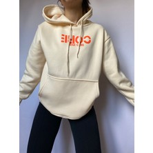 Moda Perisi Kadın Krem Oversize Baskılı Içi Pamuklu Sweatshirt