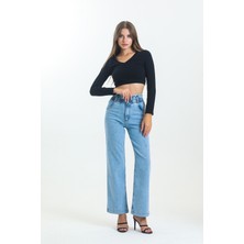 Shevega Buz Mavi Beli Büzgülü Bol Paça Wide Leg Jean