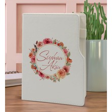 Bk Gift Kişiye Özel Çiçek Tasarımlı Beyaz Termo Deri Not Defteri 15X21CM-12