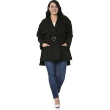 Disentis Modest Büyük Beden Mono Yaka Arkası Uzun Torba Cepli Kemerli Astarsız Siyah Kaban