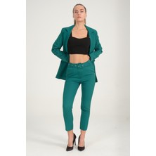 Diaves Kadın Yeşil Blazer Ceket Kemerli Cepli Havuç Kesim  Pantolon Takım