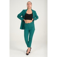 Diaves Kadın Yeşil Blazer Ceket Kemerli Cepli Havuç Kesim  Pantolon Takım