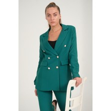 Diaves Kadın Yeşil Blazer Ceket Kemerli Cepli Havuç Kesim  Pantolon Takım