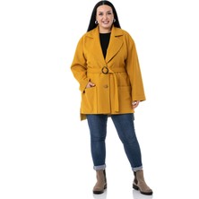 Disentis Modest Büyük Beden Mono Yaka Arkası Uzun Torba Cepli Kemerli Astarsız Hardal Kaban