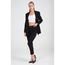 Diaves Kadın Siyah Blazer Ceket Kemerli Cepli Havuç Kesim  Pantolon Takım