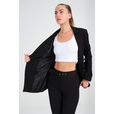 Diaves Kadın Siyah Blazer Ceket Kemerli Cepli Havuç Kesim  Pantolon Takım