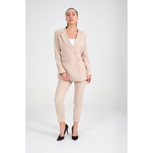Diaves Kadın Krem Blazer Ceket Kemerli Cepli Havuç Kesim  Pantolon Takım