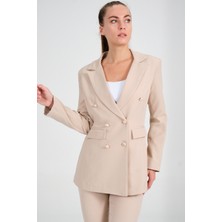 Diaves Kadın Krem Blazer Ceket Kemerli Cepli Havuç Kesim  Pantolon Takım