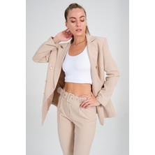 Diaves Kadın Krem Blazer Ceket Kemerli Cepli Havuç Kesim  Pantolon Takım