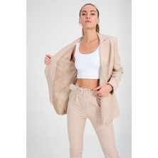 Diaves Kadın Krem Blazer Ceket Kemerli Cepli Havuç Kesim  Pantolon Takım