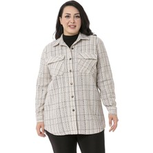 Disentis Modest Büyük Beden Kapaklı Cepli Manşetli Ekru Haki Gömlek