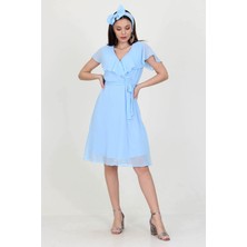 Neşeli Butik Kadın Midi Boy Yeni Sezon Kruvaze Yaka Melek Kol Şifon Elbise RY8081