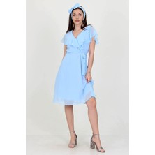Neşeli Butik Kadın Midi Boy Yeni Sezon Kruvaze Yaka Melek Kol Şifon Elbise RY8081