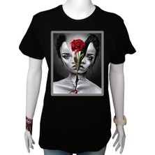 Mr.Thinker Kadın TShirt Siyah 'gül&kadın' Baskılı Xl