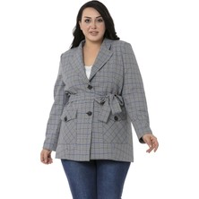 Disentis Modest Büyük Beden Kuşaklı Düğmeli Kapaklı Cepli Astarlı Blazer Siyah Mavi Ceket