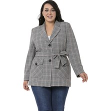 Disentis Modest Büyük Beden Kuşaklı Düğmeli Kapaklı Cepli Astarlı Blazer Siyah Pembe Ceket