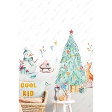 Msticker Yılbaşı Ağacı ve Sevimli Hayvanlar Cam Duvar Sticker Seti, Yılbaşı Sticker Yılbaşı Süsü