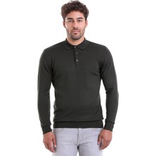 Hatemoğlu Erkek Haki Regular Fit Yünlü Desenli Polo Yaka Triko Kazak