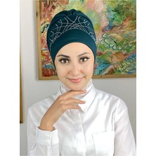 Butik Ambar Taç Model Taşlı Petrol Yeşili Bone