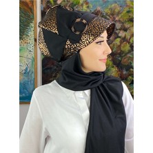 Butik Ambar Bakır Leopar Desenli Tokalı Siyah Şapka Şal