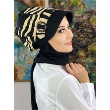 Butik Ambar Iri Şeritli Zebralı Siyah Tokalı Şapka Şal