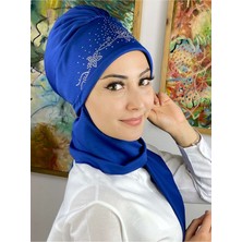 Butik Ambar Saks Mavisi Çiçekli Krep Taşlı Büzgülü Atkılı Bone