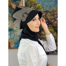 Butik Ambar Kazayağı Desenli Siyah Şapka Şal