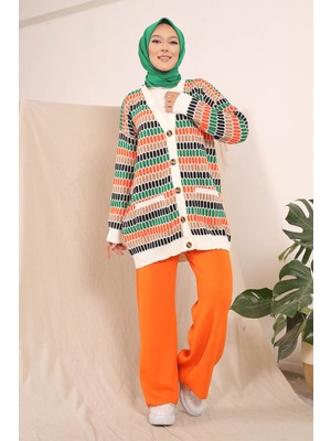 İmaj Butik Krem Kadın Düğmeli Desenli Tesettür Triko Hırka