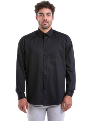 Hatemoğlu Erkek Siyah Comfort Fit %100 Pamuk Uzun Kollu Saten Gömlek