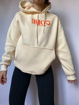 Moda Perisi Kadın Krem Oversize Baskılı Içi Pamuklu Sweatshirt