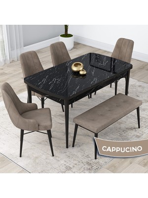 Canisa Concept Kar Serisi Mdf 80 x 132 cm Açılabilir Masa Takımı Siyah Mermer Desen Masa 4 Sandalye 1 Bench