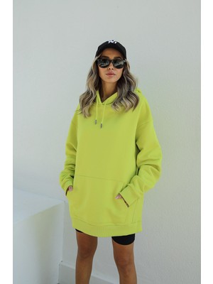 Havoş Neon Sarı Kapüşonlu Uzun Kalın Sweatshirt