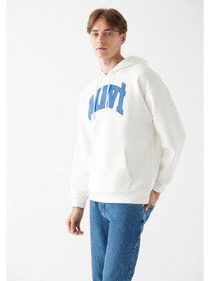 Mavi Erkek Mavi Logo Baskılı Kapüşonlu Beyaz Sweatshirt 067149-70057