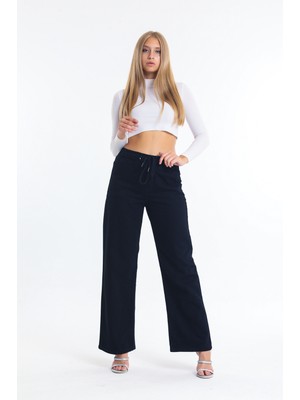 Shevega Siyah Beli Lastikli Bol Paça Wide Leg Jean