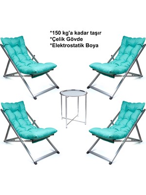 Hastunç Minderli - Zena Şezlong Seti Bahçe&balkon&teras&plaj Katlanır Dörtlü Set - 4 Şezlong 1 Sehpa