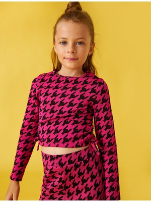 Koton Crop Tişört Kazayağı Desenli Uzun Kollu